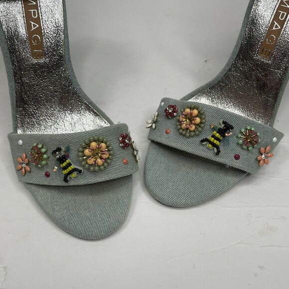 Rampage Skye Denim Bee Flower Embellished Ankle Strap Sandal Heels Size 7 - Picture 9 of 9